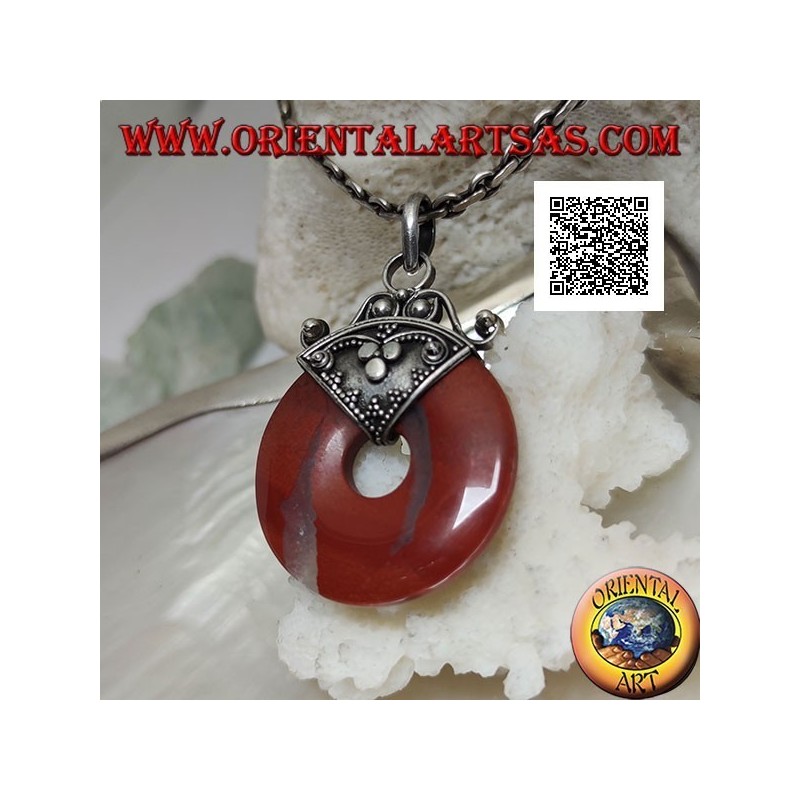 28mm donut shaped red jasper pendant. with hook decorated in silver bas-relief