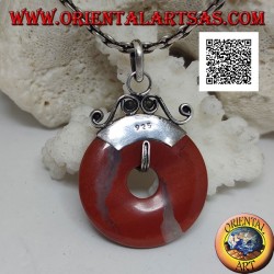 28mm donut shaped red jasper pendant. with hook decorated in silver bas-relief