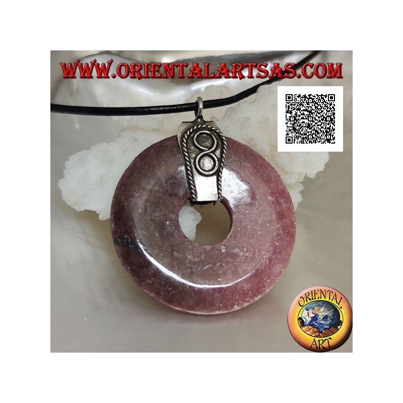 35 mm donut-shaped tanzanian rhodonite pendant. with silver hook and embossed infinity