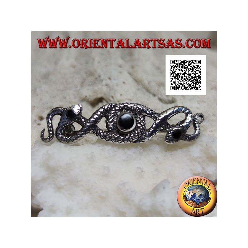 Silberbrosche in Form von zwei Schlangen, die mit dem zentralen Onyx und den Augen verflochten sind