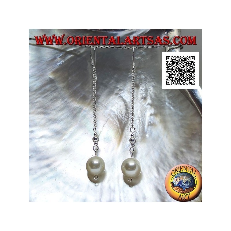 Pendientes colgantes de plata con cadena de 3 cm con dos bolas de plata y perla blanca en los extremos