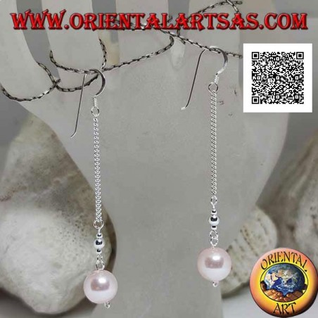 Silver 3 cm chain dangle earrings with two silver balls and pink pearl at the ends