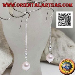 Silberne 3 cm Kette baumeln Ohrringe mit zwei silbernen Kugeln und rosa Perle an den Enden