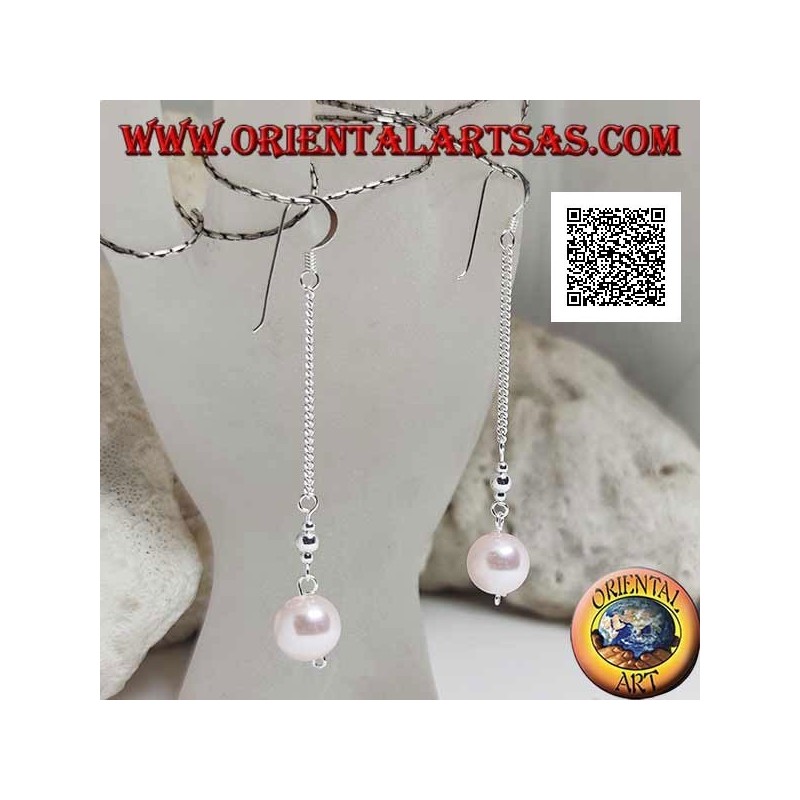 Orecchini in argento pendenti a catenina da 3 cm con due palline d'argento e perla rosa finali