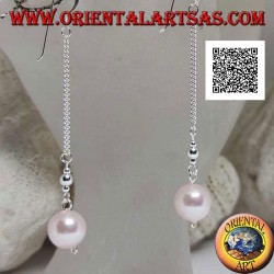 Silver 3 cm chain dangle earrings with two silver balls and pink pearl at the ends