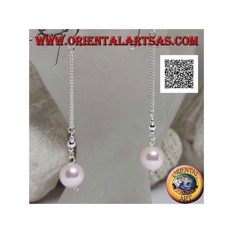 Silberne 3 cm Kette baumeln Ohrringe mit zwei silbernen Kugeln und rosa Perle an den Enden