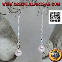 Silberne 3 cm Kette baumeln Ohrringe mit zwei silbernen Kugeln und rosa Perle an den Enden