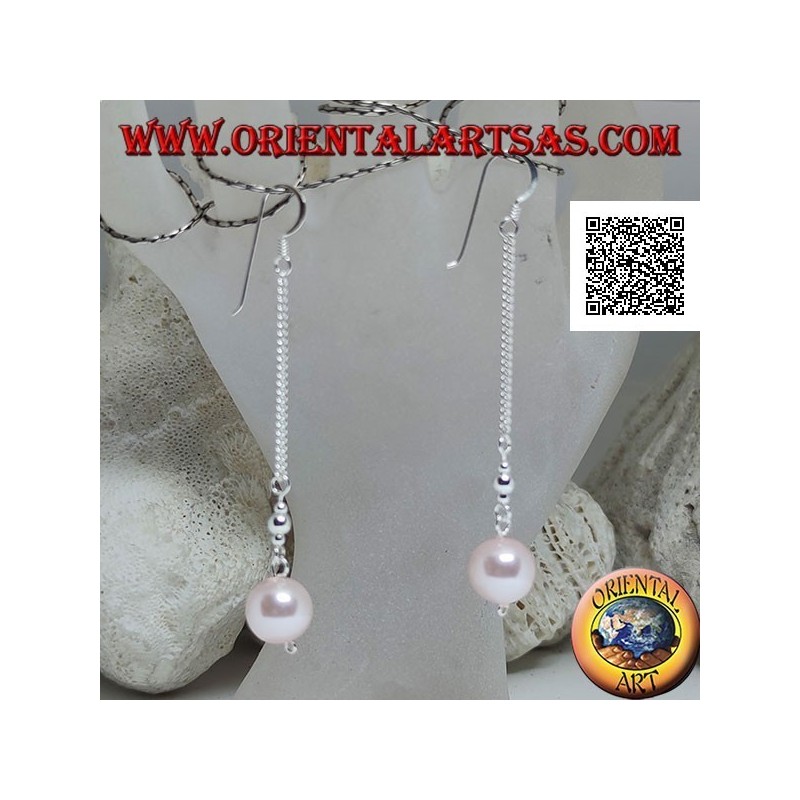 Silver 3 cm chain dangle earrings with two silver balls and pink pearl at the ends