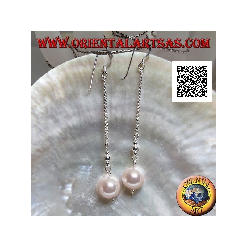 Boucles d'oreilles pendantes en argent en chaîne de 3 cm avec deux boules en argent et perle rose aux extrémités