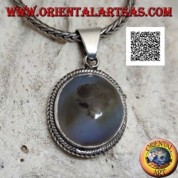 Silver pendant with cabochon oval tourmalinated quartz surrounded by weaving