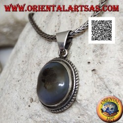 Silver pendant with cabochon oval tourmalinated quartz surrounded by weaving