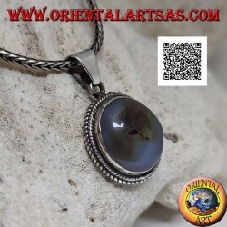 Silver pendant with cabochon oval tourmalinated quartz surrounded by weaving