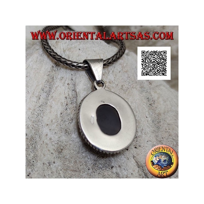 Colgante de plata con cuarzo turmalinado ovalado cabujón rodeado de tejido
