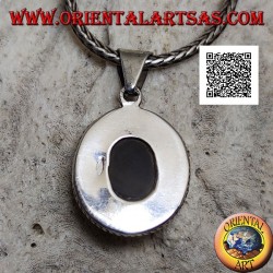 Silver pendant with cabochon oval tourmalinated quartz surrounded by weaving