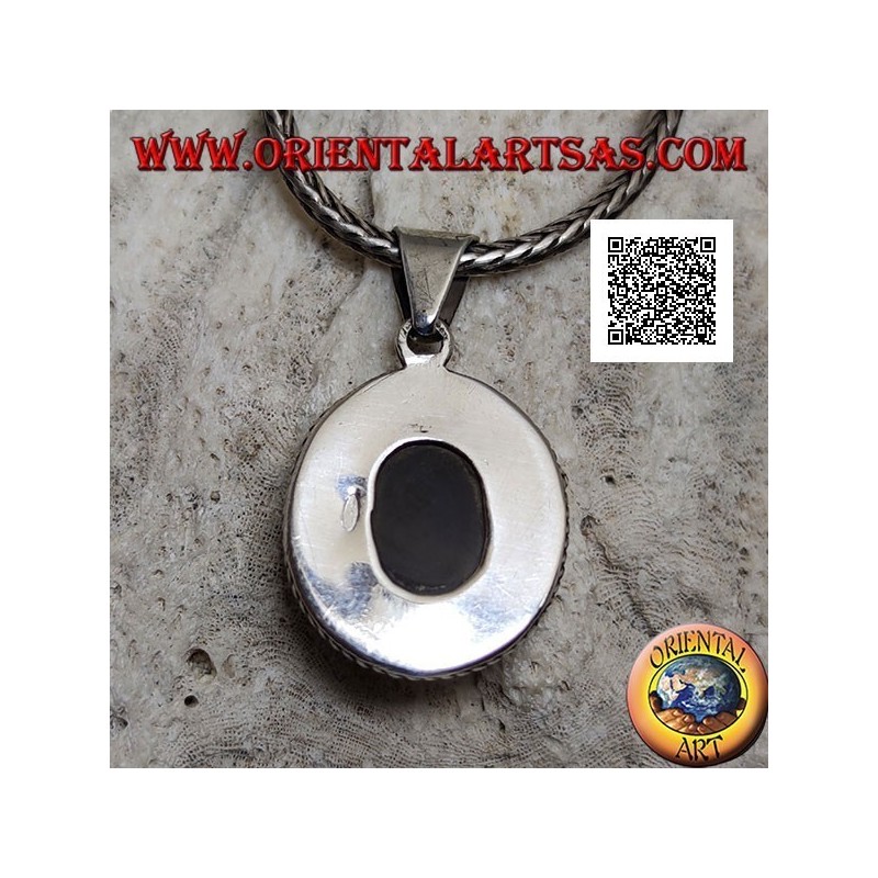 Colgante de plata con cuarzo turmalinado ovalado cabujón rodeado de tejido