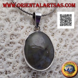 Silver pendant with oval cabochon moss agate with smooth frame
