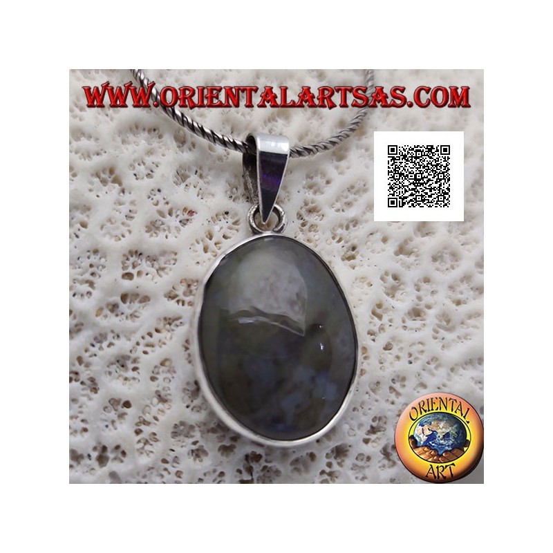 Silver pendant with oval cabochon moss agate with smooth frame