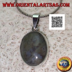Silver pendant with oval cabochon moss agate with smooth frame