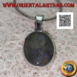 Silver pendant with oval cabochon moss agate with smooth frame