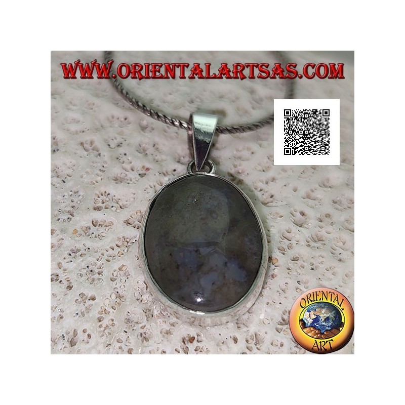 Silver pendant with oval cabochon moss agate with smooth frame