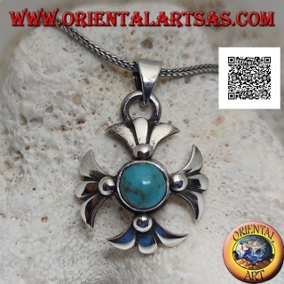 Ciondolo in argento croce greca con turchese antico tibetano tondo centrale e braccia di gigli