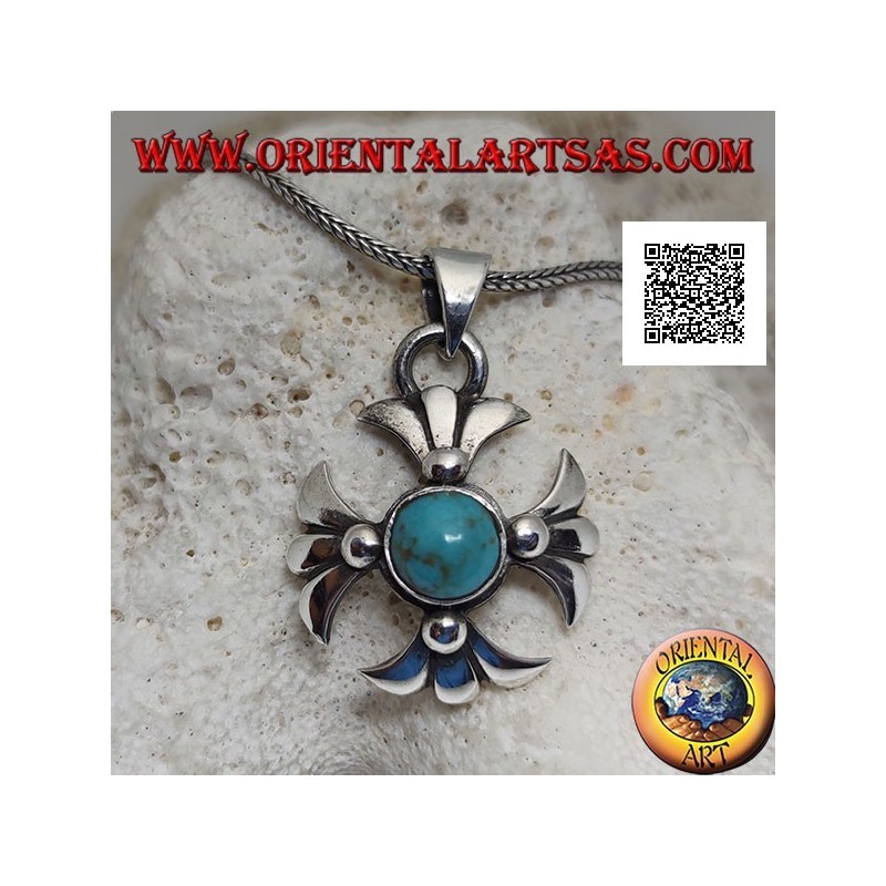 Silver Greek cross pendant with central round Tibetan antique turquoise and lily arms