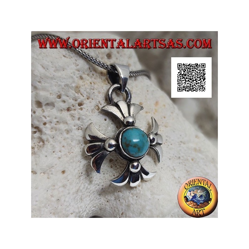 Pendentif croix grecque en argent avec bras central ronde tibétaine antique turquoise et lys