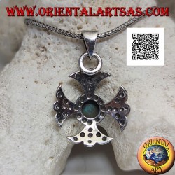 Silver Greek cross pendant with central round Tibetan antique turquoise and lily arms