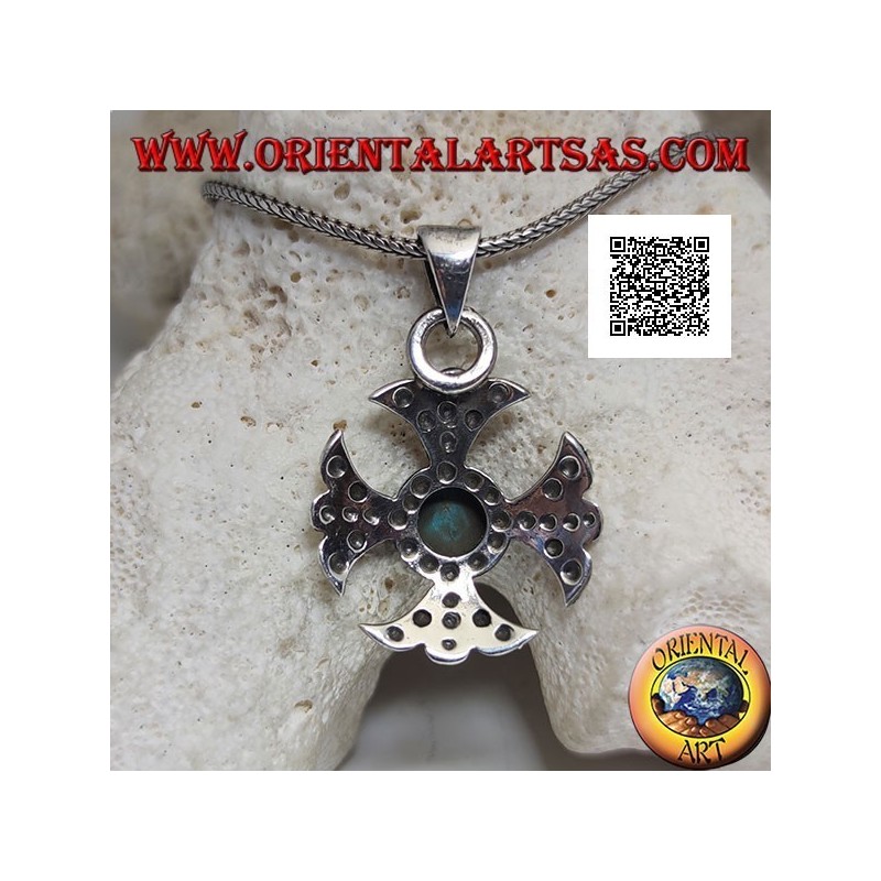 Pendentif croix grecque en argent avec bras central ronde tibétaine antique turquoise et lys