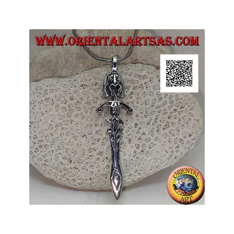 Silver sword pendant with double ratchets, guard and Inca face on the handle