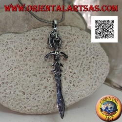 Silver sword pendant with double ratchets, guard and Inca face on the handle