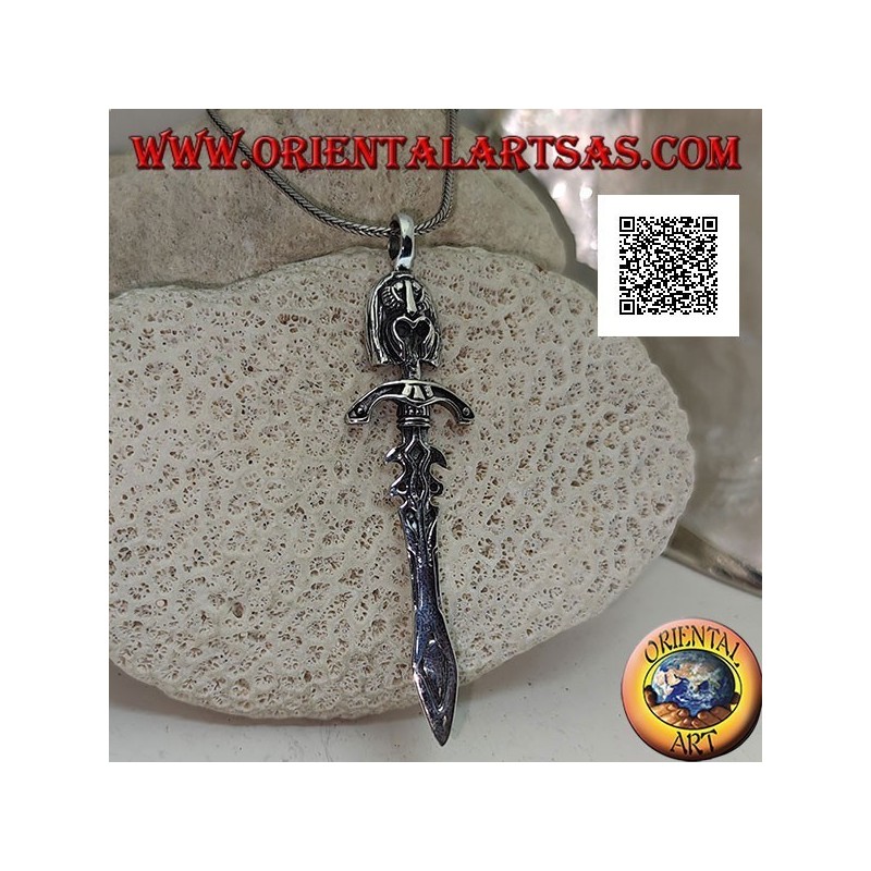 Pendentif épée en argent avec double cliquets, garde et visage inca sur la poignée