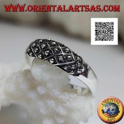 Silver band ring with rhomboid weaving and embossed balls