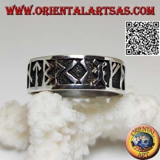 Silver ring with bas-relief Nordic runes