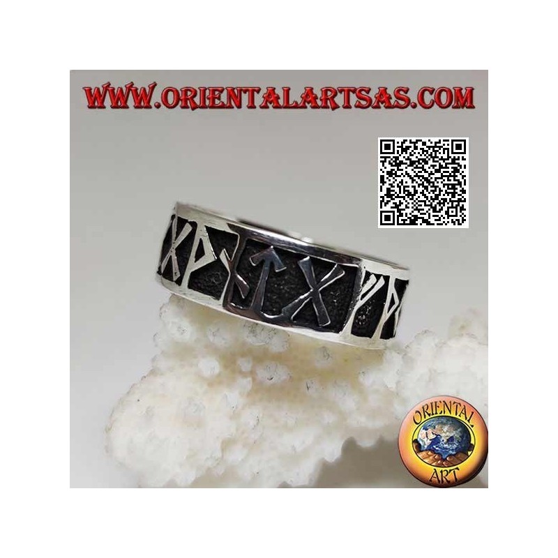 Anello in argento a fedina con rune nordiche in bassorilievo