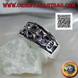Silver ring with crescent ring with gothic cross of lilies and bas-relief decorations