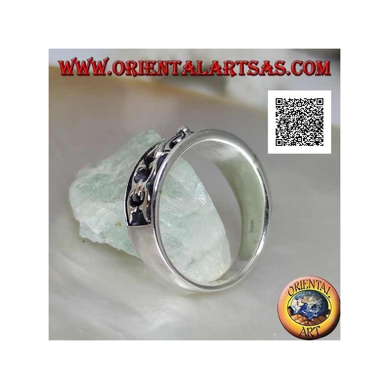 Silver ring with crescent ring with gothic cross of lilies and bas-relief decorations