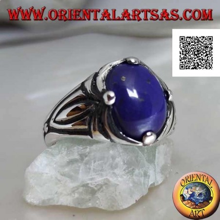Silver ring with oval cabochon lapis lazuli set at 4 and engravings on the sides