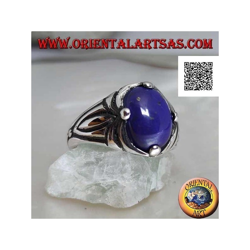 Silver ring with oval cabochon lapis lazuli set at 4 and engravings on the sides