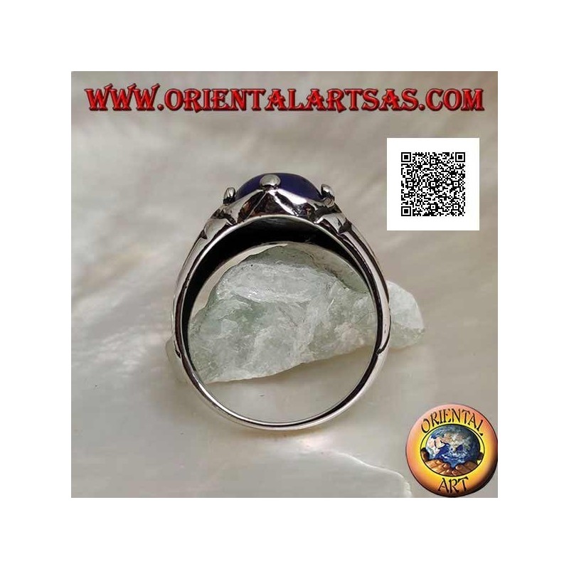 Silberring mit ovalem Cabochon Lapislazuli bei 4 und Gravuren an den Seiten