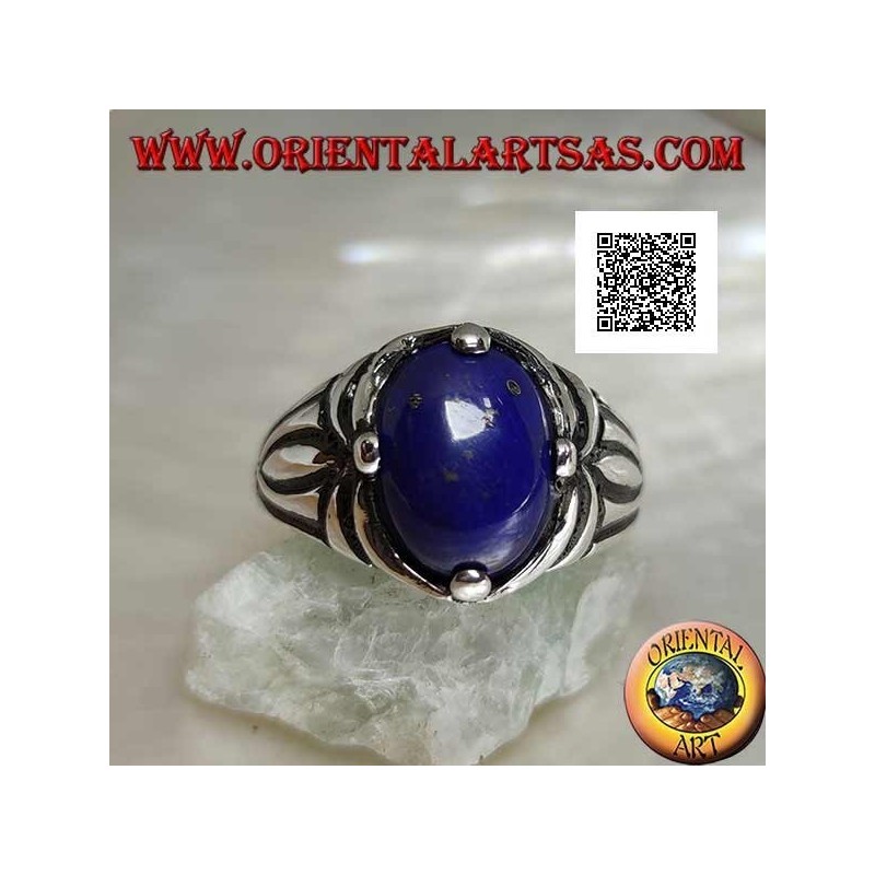 Anello in argento con lapislazzulo ovale cabochon incastonato a 4 e incisioni sui lati