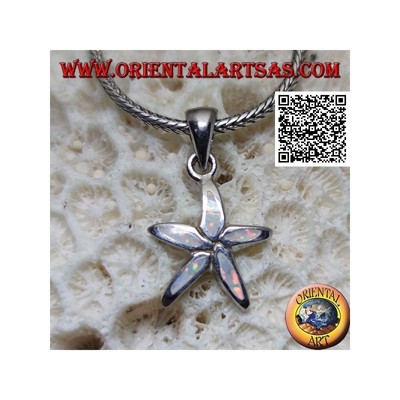 Silver pendant in the shape of a starfish with harlequin opal