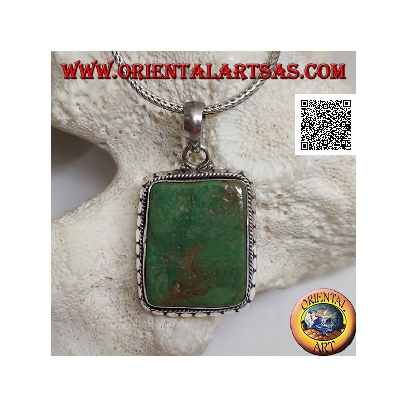Silver pendant with large rectangular Tibetan antique turquoise surrounded by studs