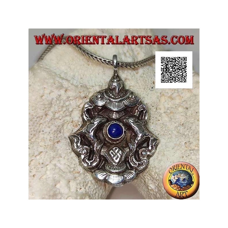 Ciondolo in argento Aṣṭamaṃgala  gli otto simboli del buon auspicio con lapislazzulo