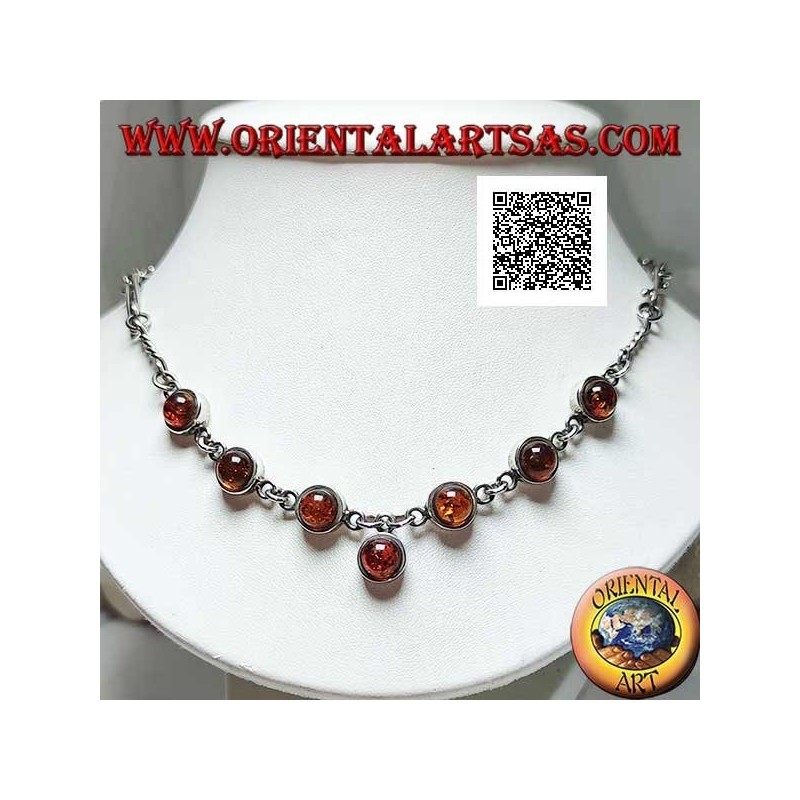 925 ‰ silberne Chokerhalskette mit gemischter Gliederkette und 7 zentralen runden Cabochon-Bernsteinen