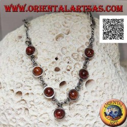 925 ‰ silver choker necklace with mixed links chain and 7 central round cabochon amber