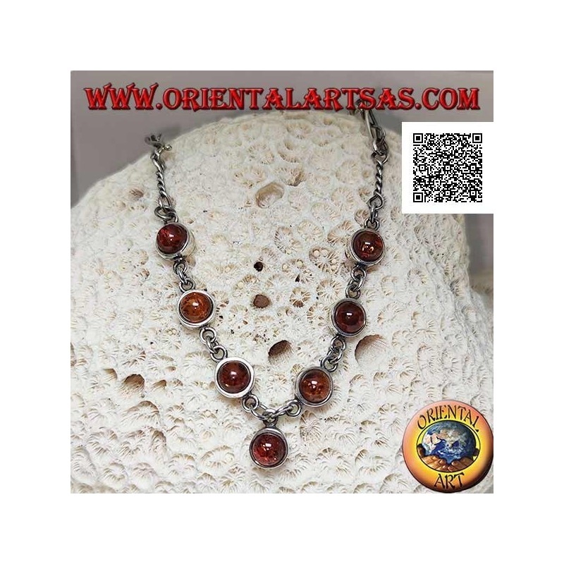 925 ‰ silberne Chokerhalskette mit gemischter Gliederkette und 7 zentralen runden Cabochon-Bernsteinen