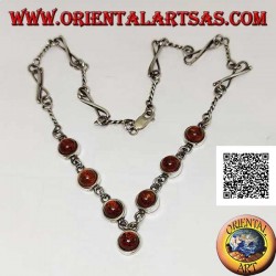 Gargantilla de plata 925 ‰ con cadena de eslabones mixtos y 7 cabujones redondos centrales de ámbar