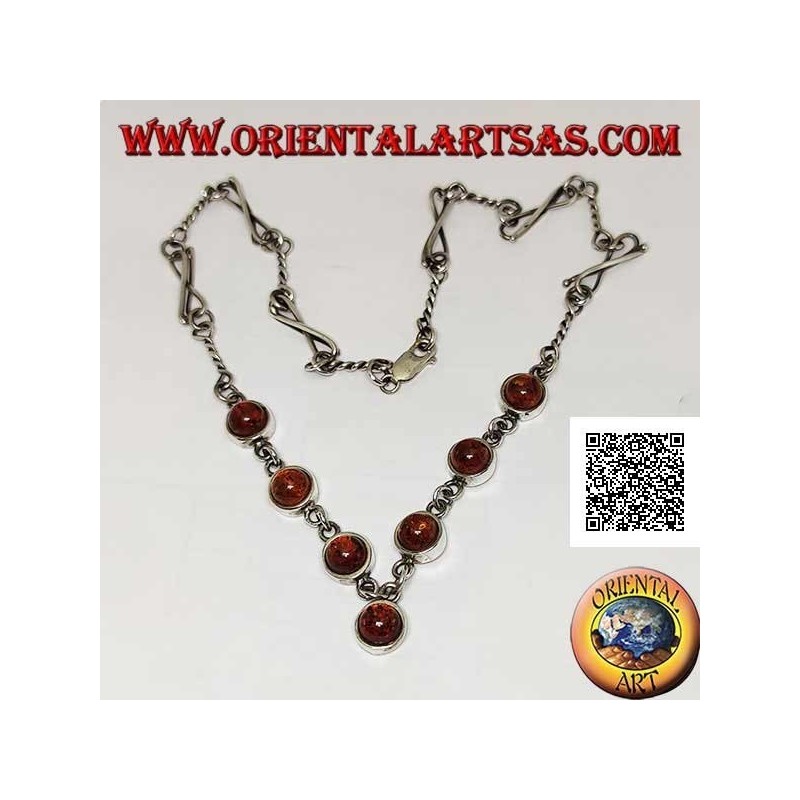 925 ‰ silver choker necklace with mixed links chain and 7 central round cabochon amber