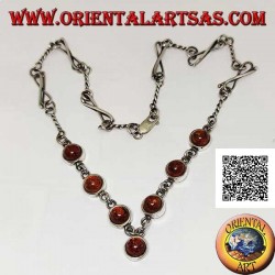 925 ‰ silver choker necklace with mixed links chain and 7 central round cabochon amber